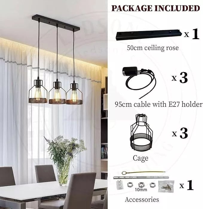 Black Diamond Wire Cage Industrial 3-Light Pendant Lamp Fixture - Dimmable & Adjustable