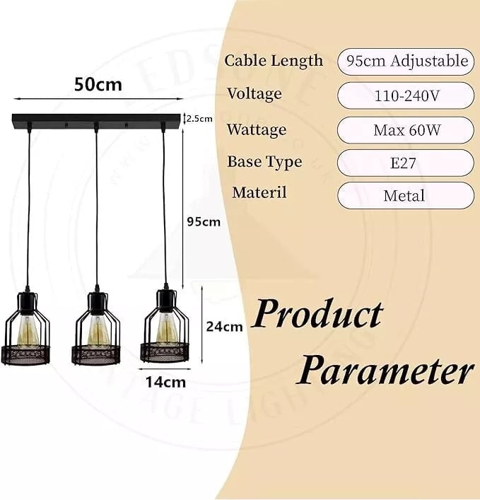Black Diamond Wire Cage Industrial 3-Light Pendant Lamp Fixture - Dimmable & Adjustable
