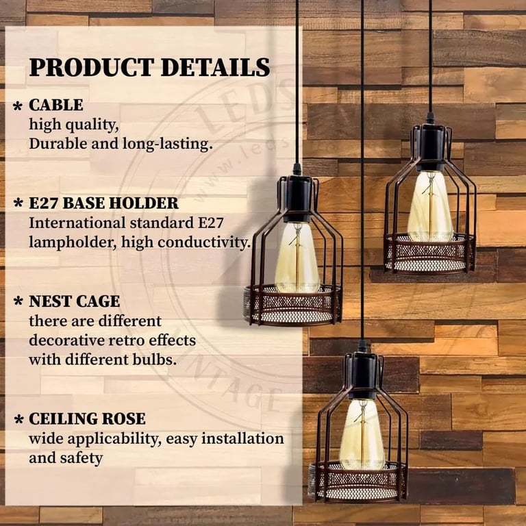 Black Diamond Wire Cage Industrial 3-Light Pendant Lamp Fixture - Dimmable & Adjustable