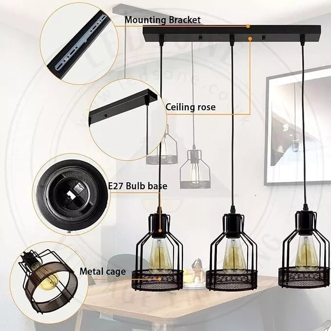 Black Diamond Wire Cage Industrial 3-Light Pendant Lamp Fixture - Dimmable & Adjustable
