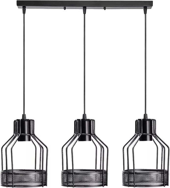 Black Diamond Wire Cage Industrial 3-Light Pendant Lamp Fixture - Dimmable & Adjustable