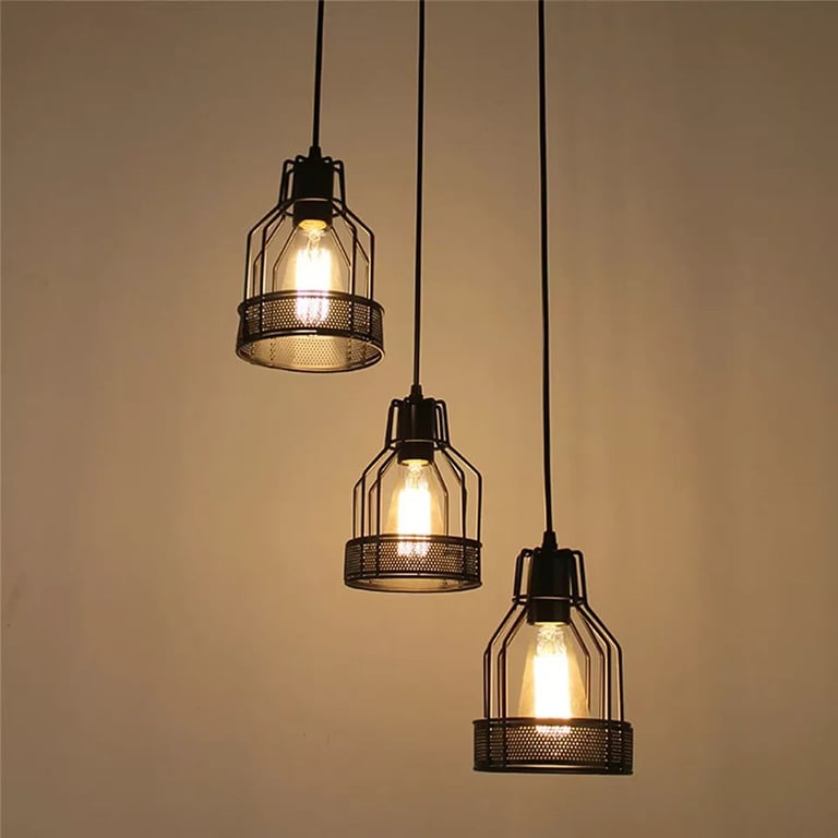 Black Diamond Wire Cage Industrial 3-Light Pendant Lamp Fixture - Dimmable & Adjustable