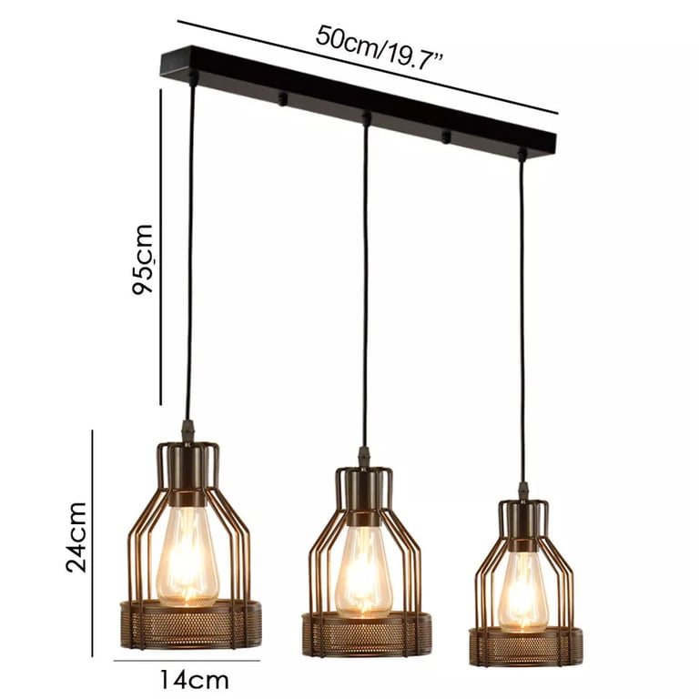 Black Diamond Wire Cage Industrial 3-Light Pendant Lamp Fixture - Dimmable & Adjustable