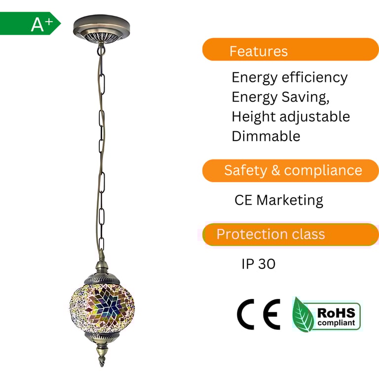 Turkish Mosaic Tiles Tiffany Ceiling Pendant Light Fixture - Moroccan Style Antique Brass Hanging Light