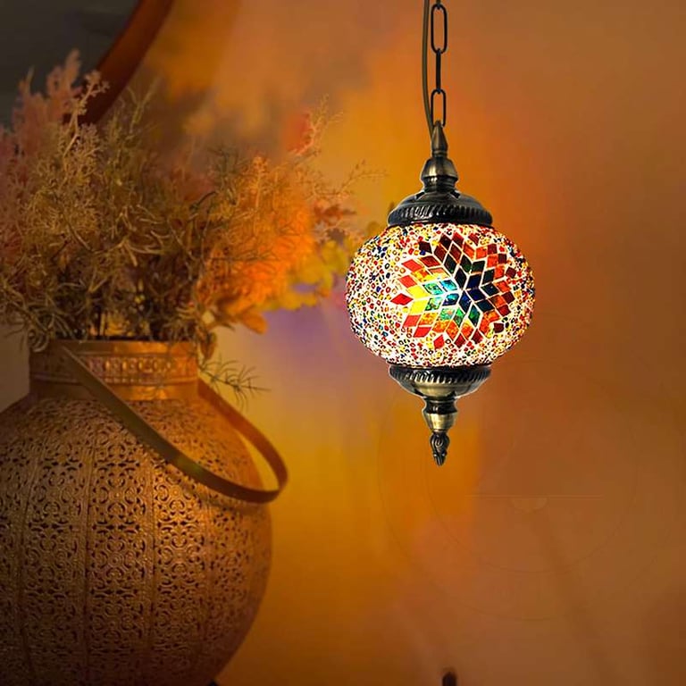 Turkish Mosaic Tiles Tiffany Ceiling Pendant Light Fixture - Moroccan Style Antique Brass Hanging Light