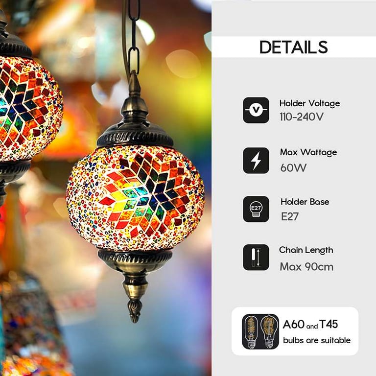 Turkish Mosaic Tiles Tiffany Ceiling Pendant Light Fixture - Moroccan Style Antique Brass Hanging Light