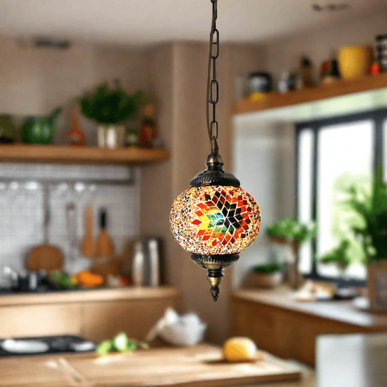 Turkish Mosaic Tiles Tiffany Ceiling Pendant Light Fixture - Moroccan Style Antique Brass Hanging Light