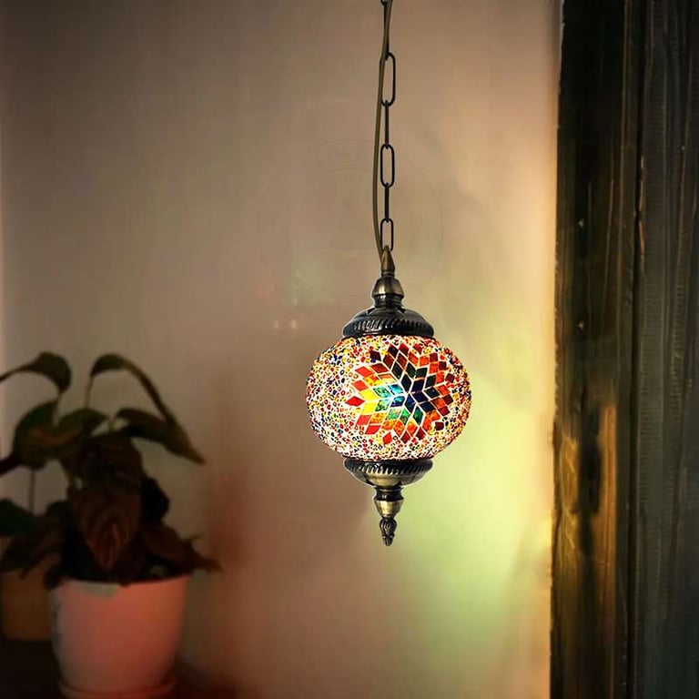 Turkish Mosaic Tiles Tiffany Ceiling Pendant Light Fixture - Moroccan Style Antique Brass Hanging Light