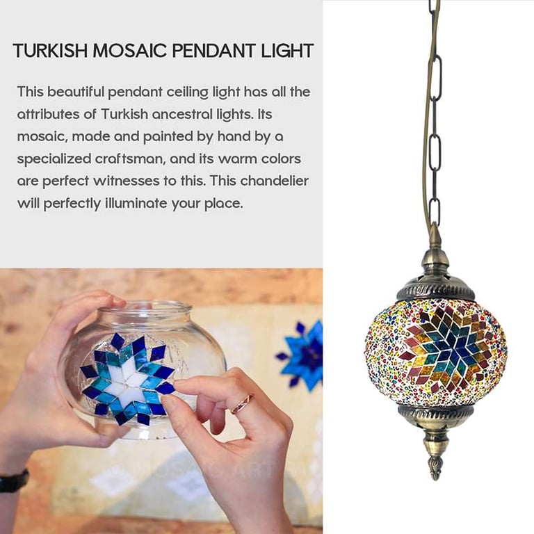 Turkish Mosaic Tiles Tiffany Ceiling Pendant Light Fixture - Moroccan Style Antique Brass Hanging Light