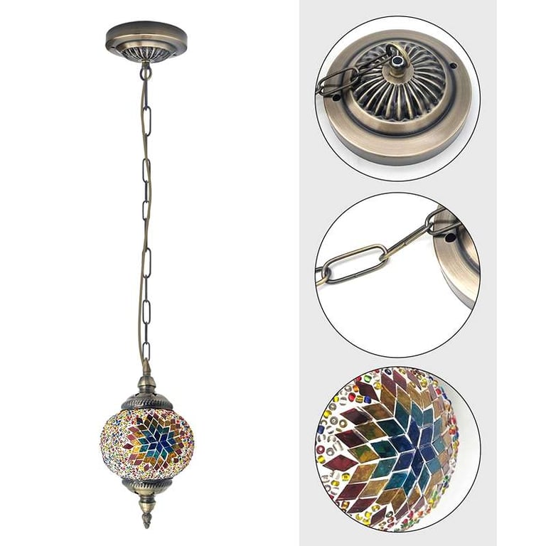 Turkish Mosaic Tiles Tiffany Ceiling Pendant Light Fixture - Moroccan Style Antique Brass Hanging Light