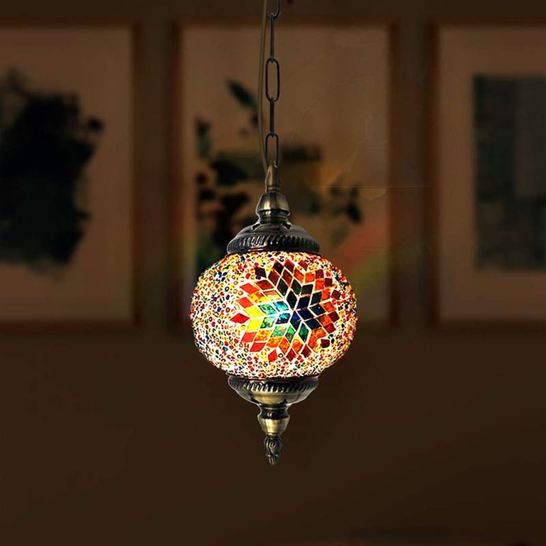 Turkish Mosaic Tiles Tiffany Ceiling Pendant Light Fixture - Moroccan Style Antique Brass Hanging Light