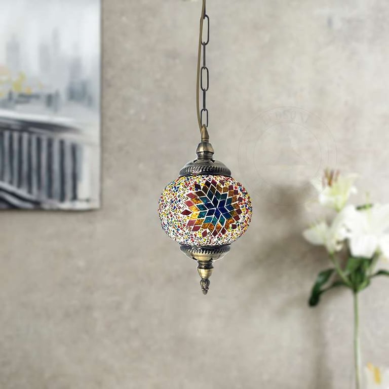 Turkish Mosaic Tiles Tiffany Ceiling Pendant Light Fixture - Moroccan Style Antique Brass Hanging Light