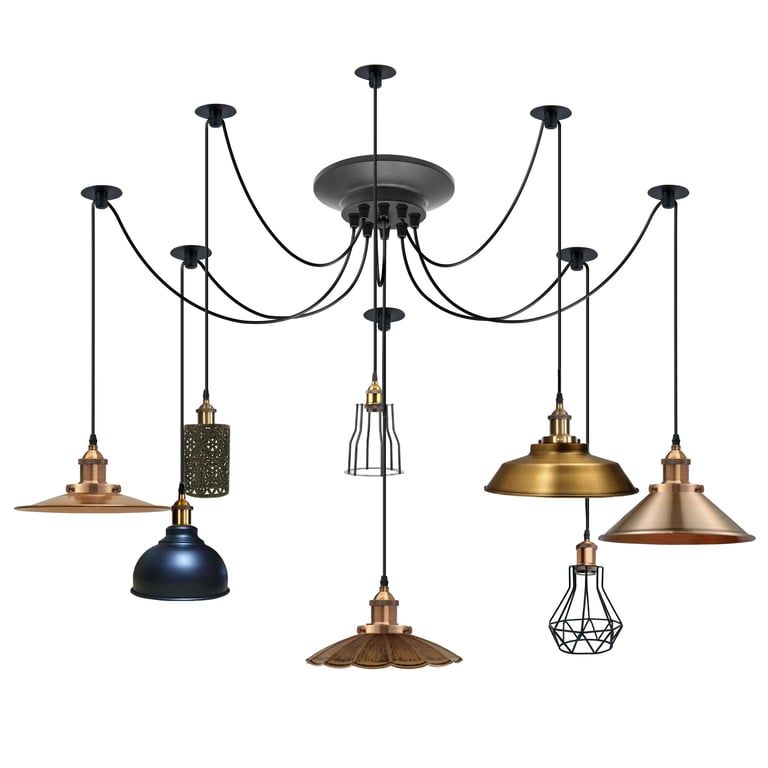 2m Spider Pendent Lamp - Multi-Head Dimmable Vintage Metal Lighting