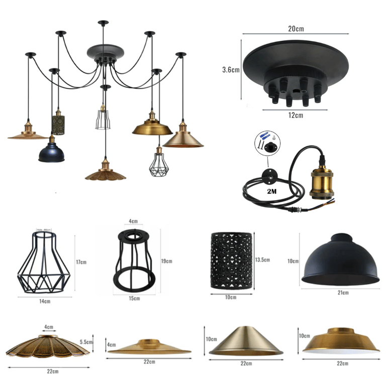 2m Spider Pendent Lamp - Multi-Head Dimmable Vintage Metal Lighting