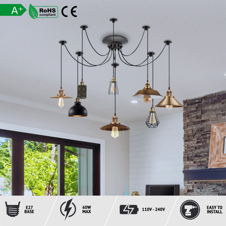 2m Spider Pendent Lamp - Multi-Head Dimmable Vintage Metal Lighting