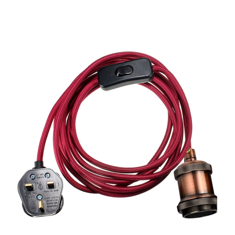 Burgundy 2m Fabric Flex Cable Plug-In Pendant Light Set with E27 Holder