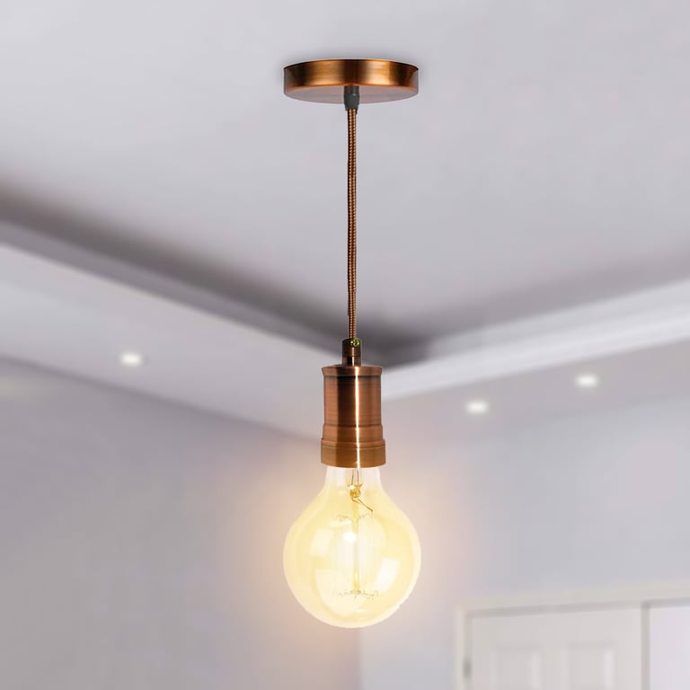 Copper E27 Ceiling Pendant Light 1m Hardwire 3 Core Cable Round Holder