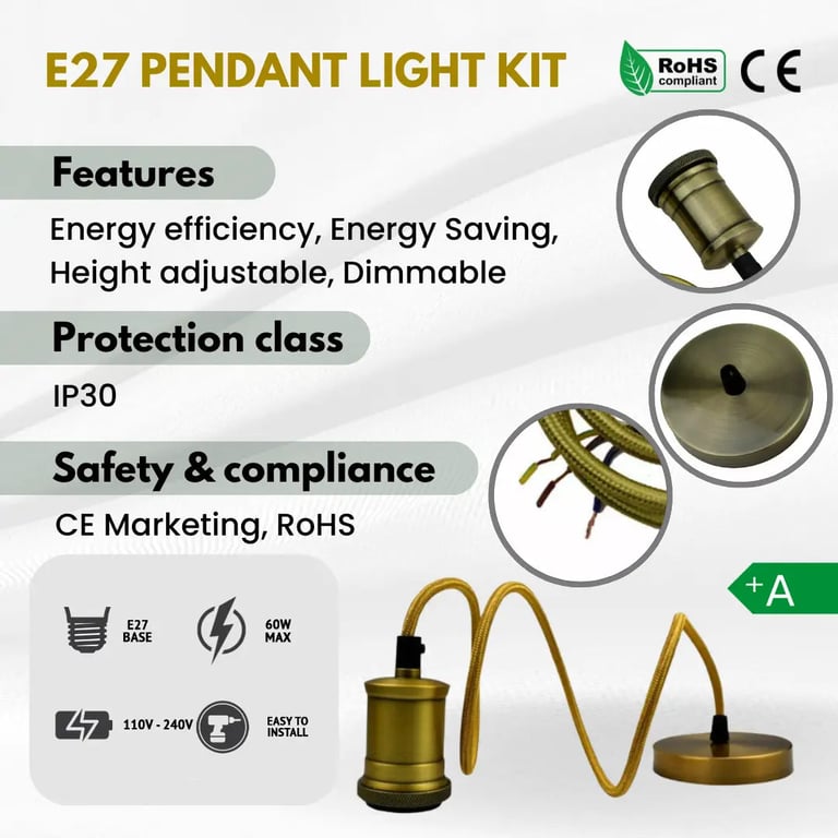 Copper E27 Round Ceiling Pendant Light 1m Cable Hardwire