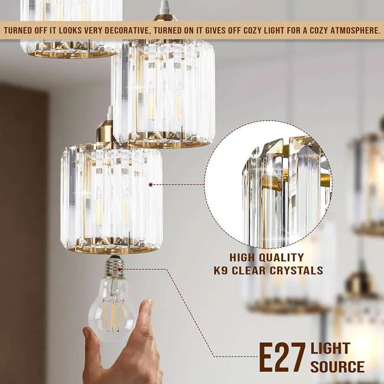 Modern 3-Light Crystal Pendant Light - High-End Dimmable Chandelier with K9 Crystal Lamp Shades for Dining Room and Living Areas
