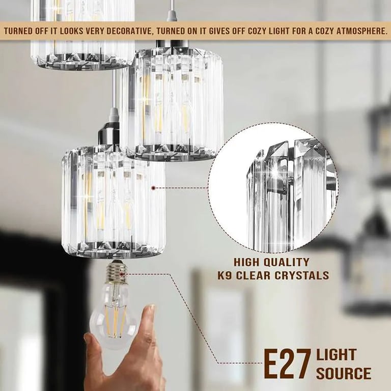 Modern 3-Light Crystal Pendant Light - High-End Dimmable Chandelier with K9 Crystal Lamp Shades for Dining Room and Living Areas