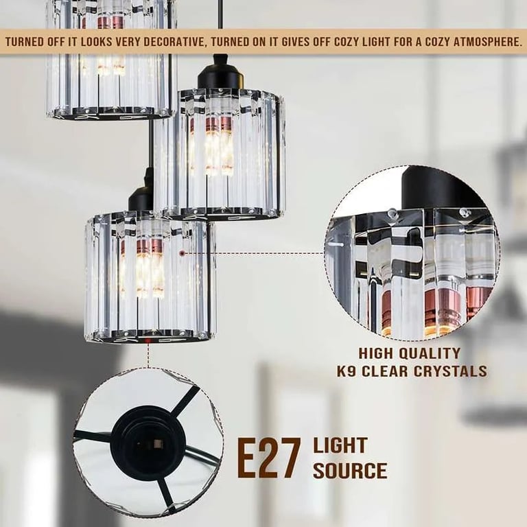 Modern 3-Light Crystal Pendant Light - High-End Dimmable Chandelier with K9 Crystal Lamp Shades for Dining Room and Living Areas