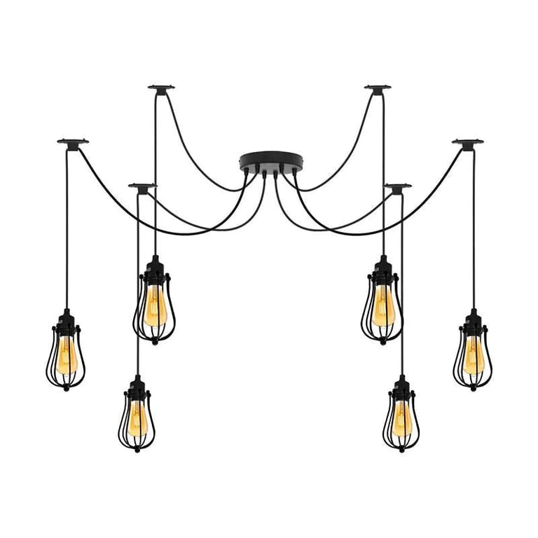 Industrial 6-Head Cage Pendant Light with Adjustable Cable and Dimmable Functionality