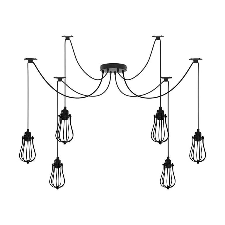 Industrial 6-Head Cage Pendant Light with Adjustable Cable and Dimmable Functionality
