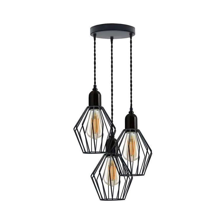 Industrial 3-Light Cluster Pendant Light - Black Cage Lighting Fixture