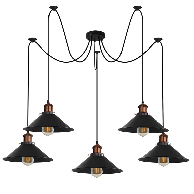 Industrial Pendant Light - 5 Way Adjustable Metal Cone Shade E27 Dimmable Pendant