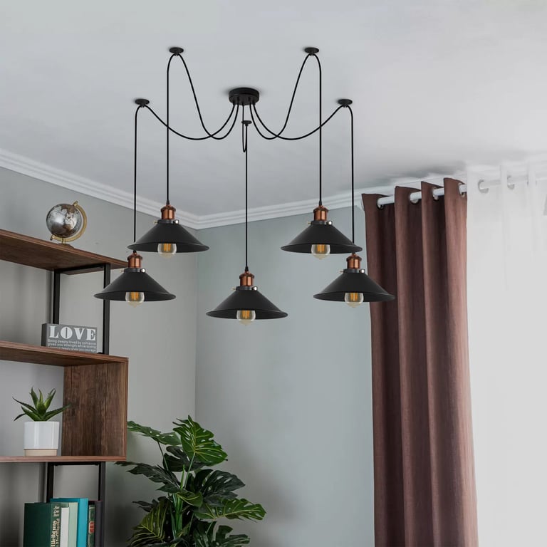 Industrial 5-Way Pendant Light E27 Bulb Adjustable Cable Metal Cone Shade Ceiling Mount