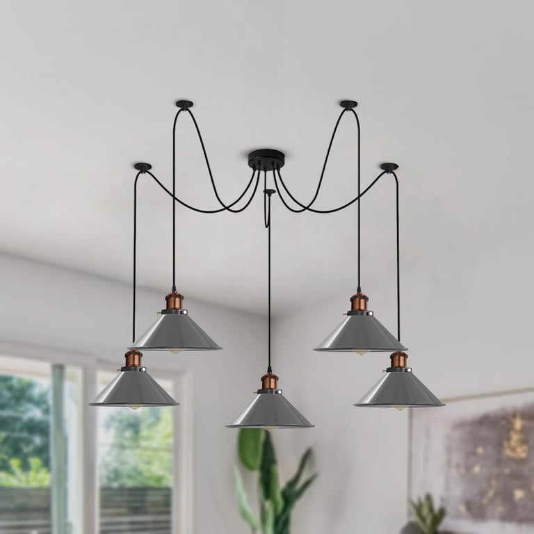 Industrial 5-Way Pendant Light E27 Bulb Adjustable Cable Metal Cone Shade Ceiling Mount