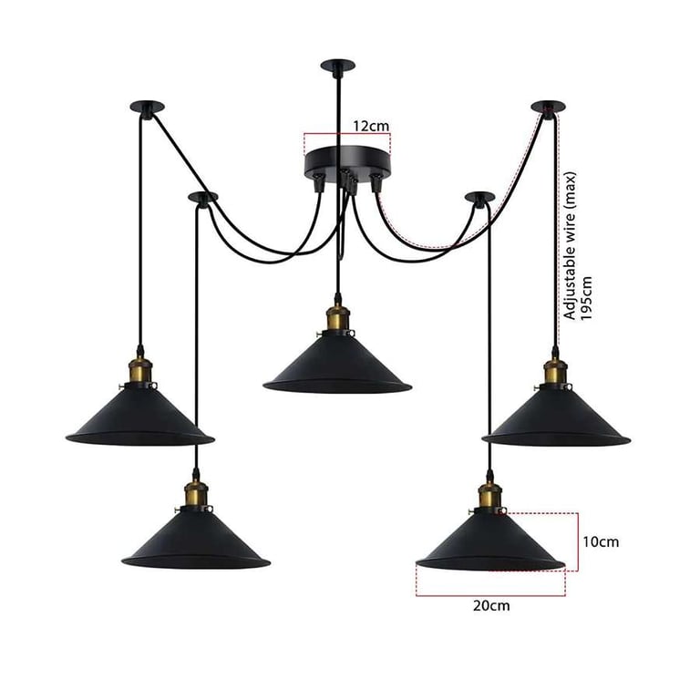 Industrial 5-Way Pendant Light E27 Bulb Adjustable Cable Metal Cone Shade Ceiling Mount