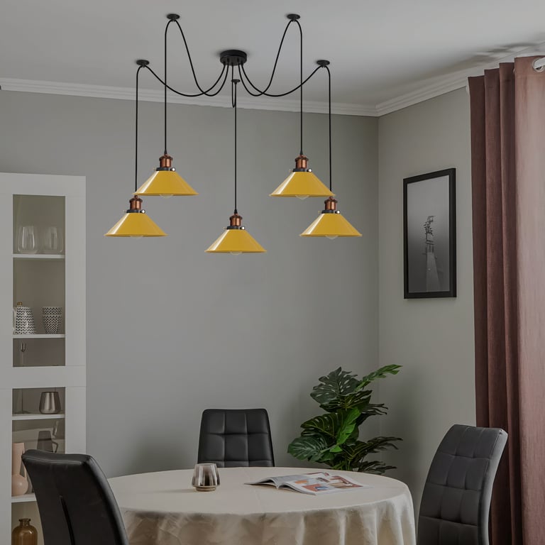 Industrial 5-Way Pendant Light E27 Bulb Adjustable Cable Metal Cone Shade Ceiling Mount