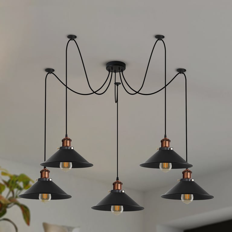 Industrial 5-Way Pendant Light E27 Bulb Adjustable Cable Metal Cone Shade Ceiling Mount