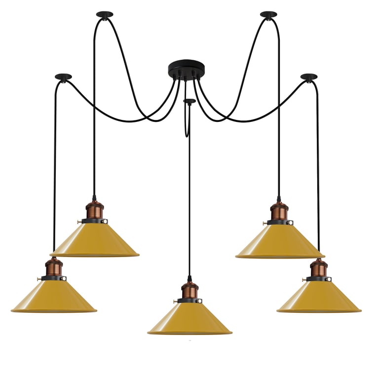 Industrial 5-Way Pendant Light E27 Bulb Adjustable Cable Metal Cone Shade Ceiling Mount
