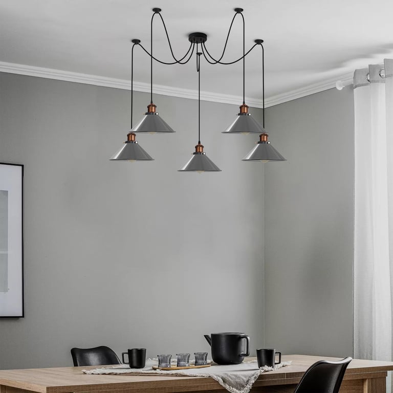 Industrial 5-Way Pendant Light E27 Bulb Adjustable Cable Metal Cone Shade Ceiling Mount