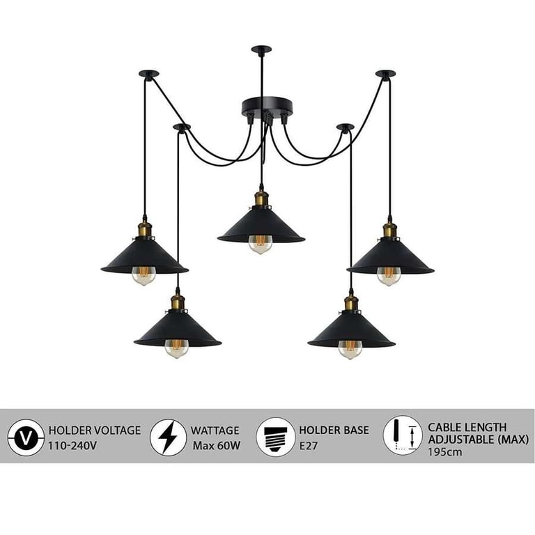 Industrial 5-Way Pendant Light E27 Bulb Adjustable Cable Metal Cone Shade Ceiling Mount