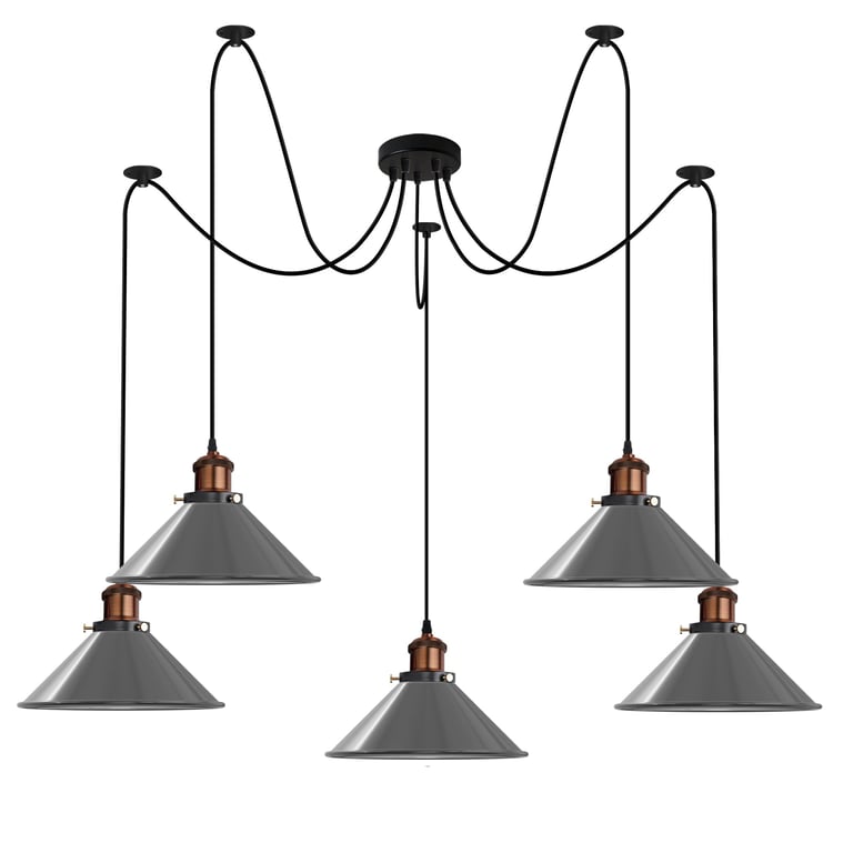 Industrial 5-Way Pendant Light with Adjustable Cable and Dimmable Cone Shade E27 Fixture