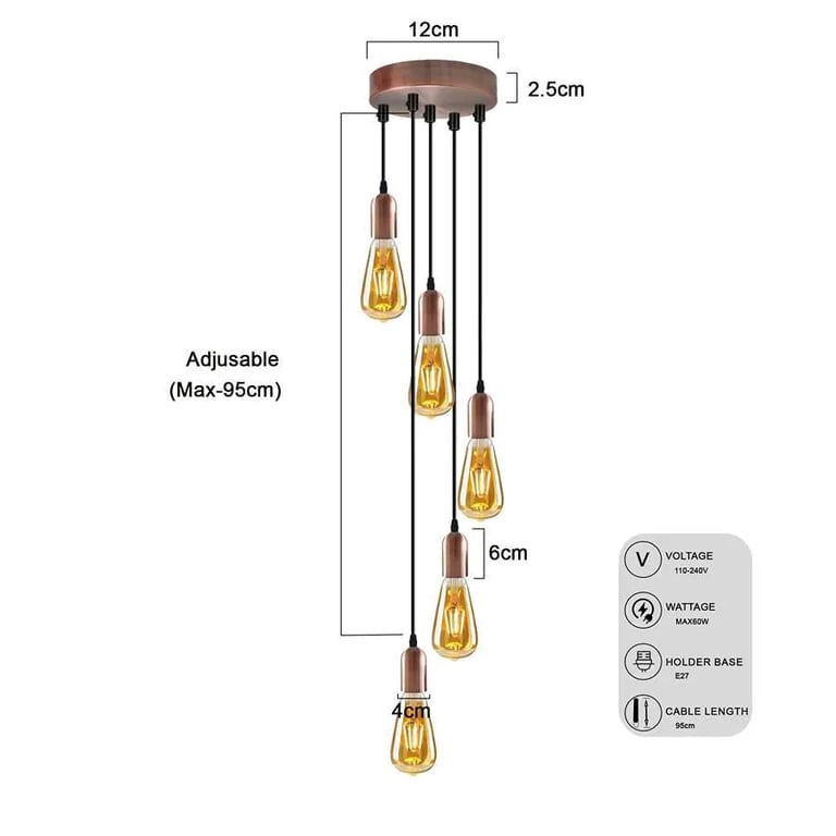 Industrial 5-Light Adjustable Height Metal Pendant Light Fitting