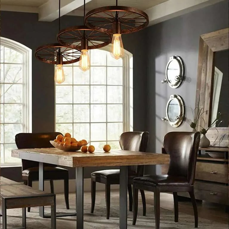 Industrial Wheel Pendant Light - Rustic Red and Brushed Silver Metal Ceiling Lamp for Bar and Warehouse Lighting