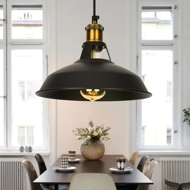 Modern Black Metal Ceiling Pendant Lightshade - Industrial Retro Style with FREE Bulb