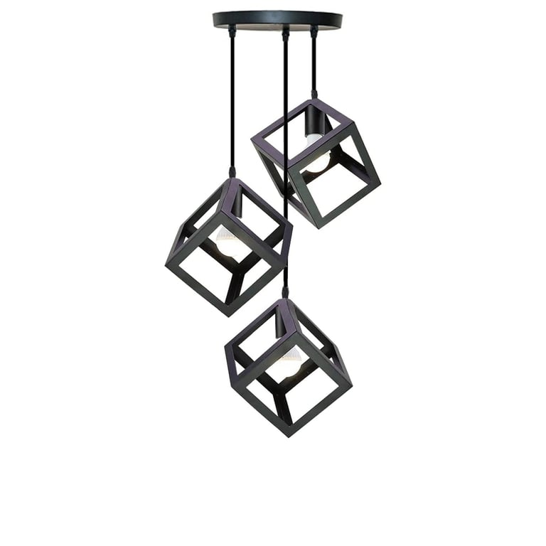 Black Square Wire Cage Triple Hanging Pendant Light - Industrial Style Lighting Fixture