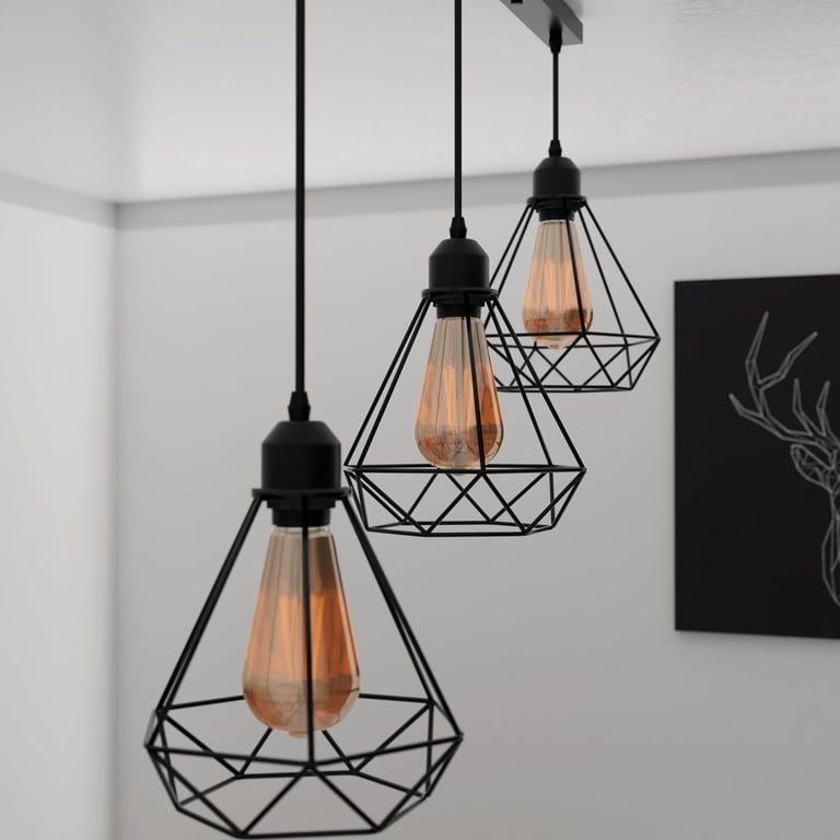 Black Industrial 3-Light Pendant Light Fixture with Adjustable Diamond Cage