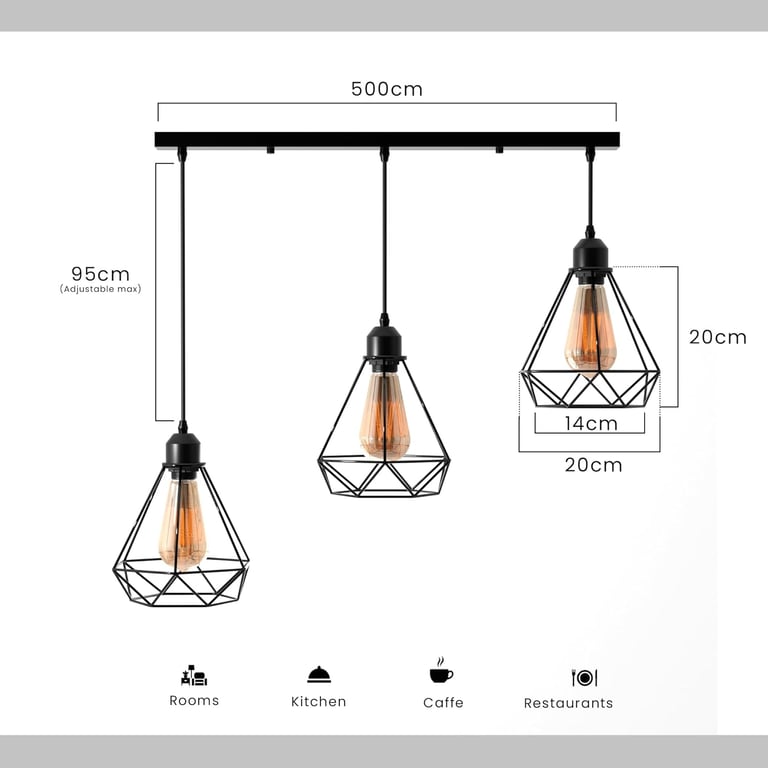 Black Industrial 3-Light Pendant Light Fixture with Adjustable Diamond Cage