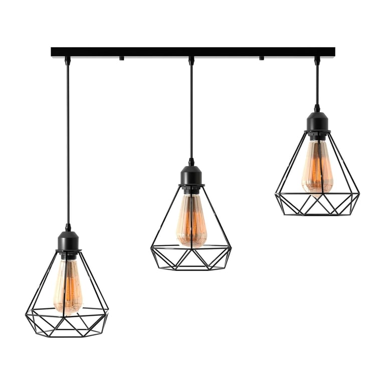Black Industrial 3-Light Pendant Light Fixture with Adjustable Diamond Cage
