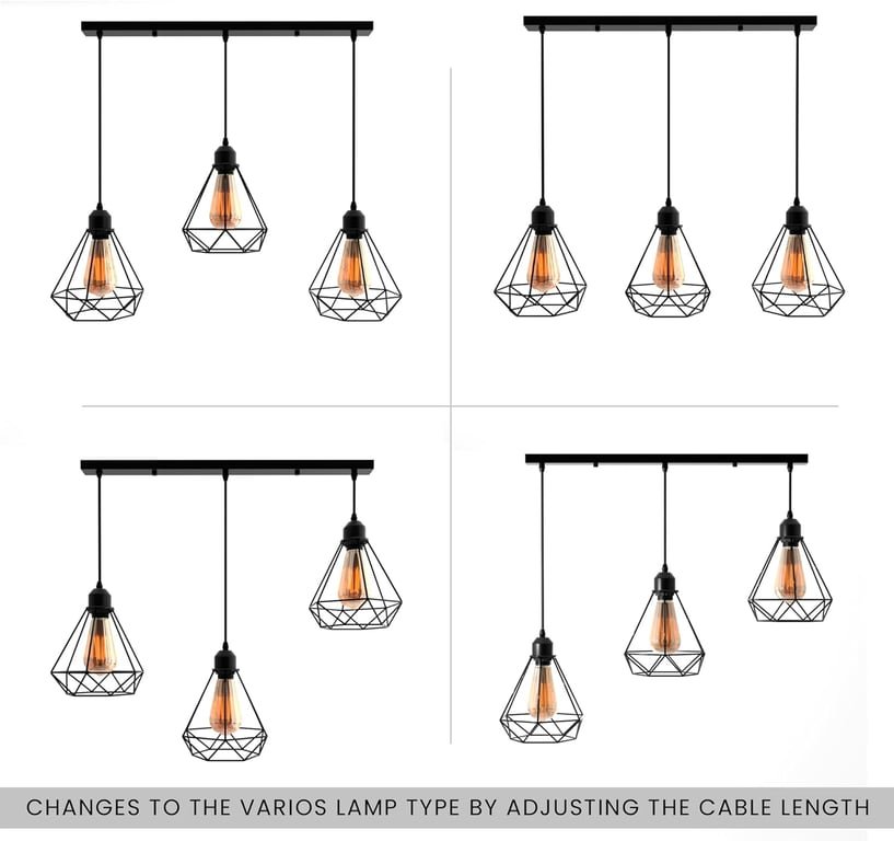 Black Industrial 3-Light Pendant Light Fixture with Adjustable Diamond Cage