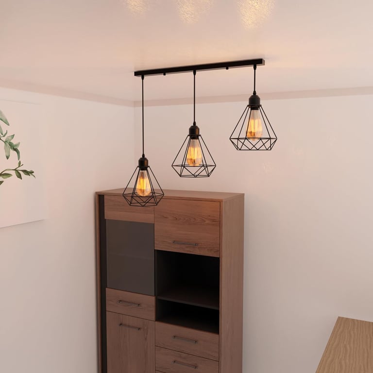 Black Industrial 3-Light Pendant Light Fixture with Adjustable Diamond Cage