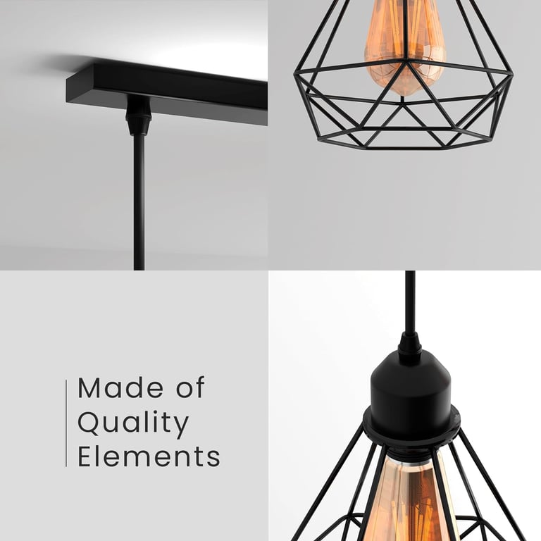 Black Industrial 3-Light Pendant Light Fixture with Adjustable Diamond Cage
