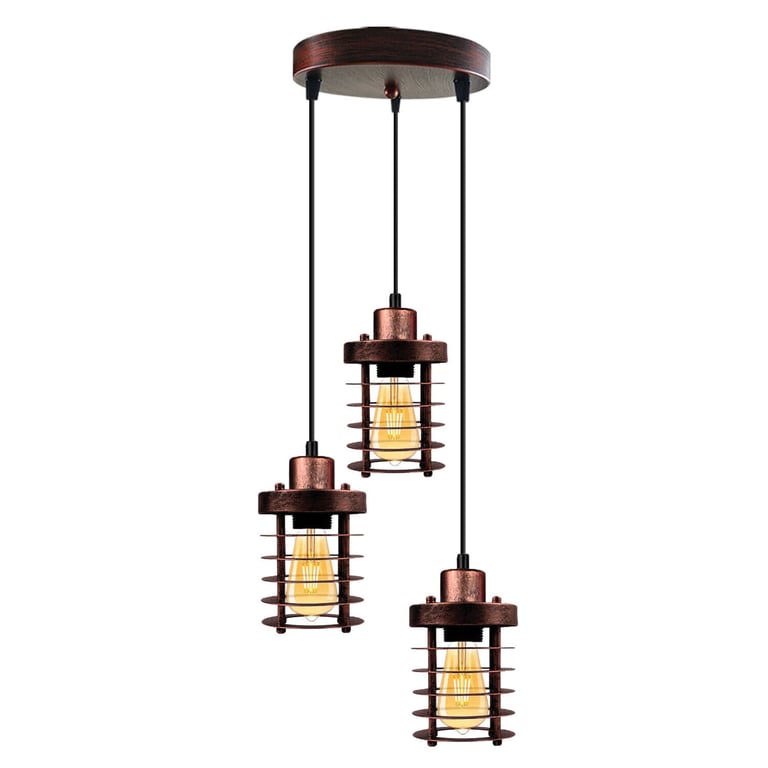 3-Light Metal Cage Cluster Pendant Ceiling Light - Dimmable E27 Bulb Compatible Retro Industrial Fixture