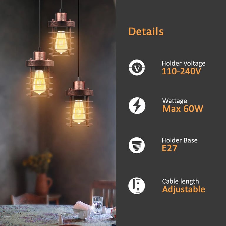 3-Light Metal Cage Cluster Pendant Ceiling Light - Dimmable E27 Bulb Compatible Retro Industrial Fixture
